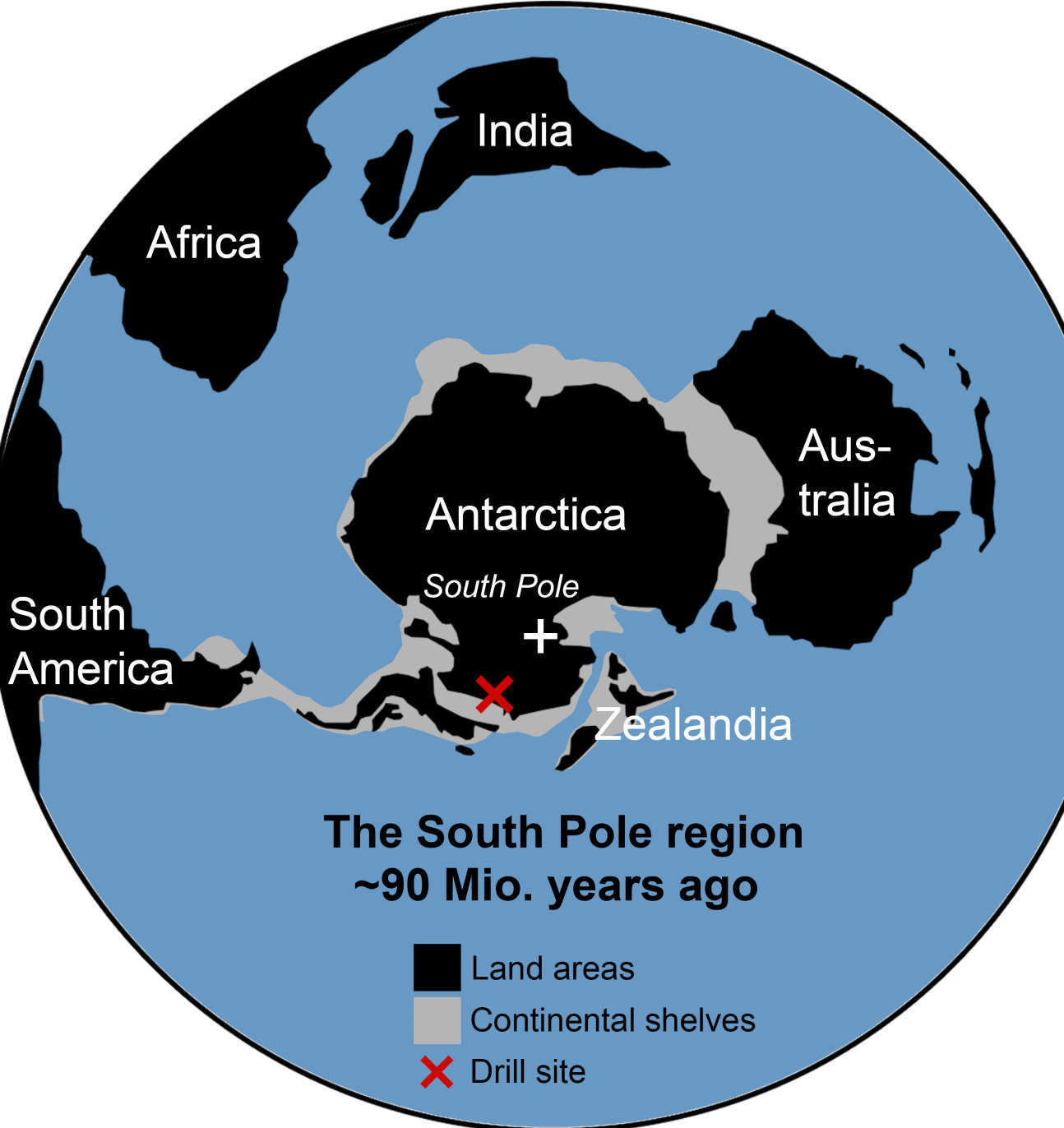 Map of the world with the continents rearranged, marking the drill site near the ancient south pole