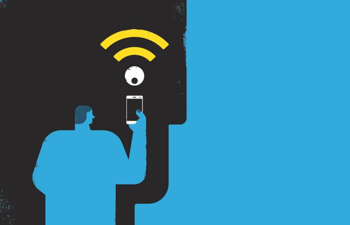 Illustration of person holding a phone with a wifi symbol 