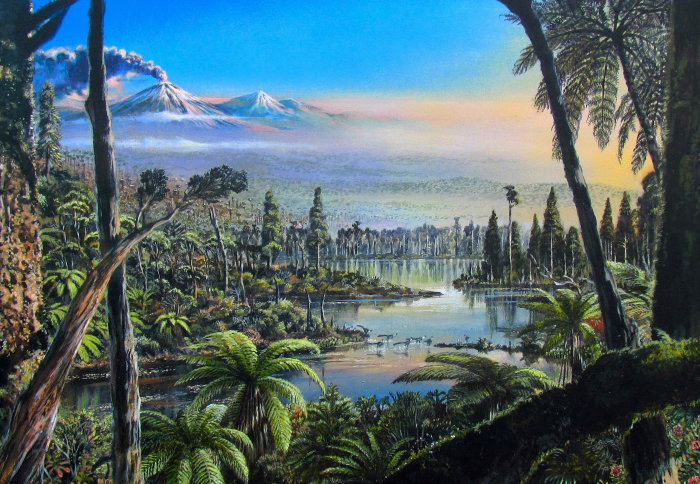 Illustration of a rainforest in valley with mountains in the background